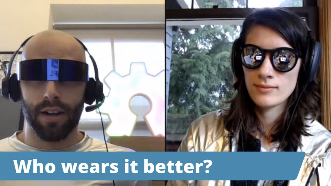 A split-screen image showing two people wearing different types of technological eyewear/headsets with headphones. The person on the left appears to be wearing a VR-style visor, while the person on the right wears reflective glasses. Text at the bottom asks 'Who wears it better?' This visual effectively represents how technology enables relationships and communication between physically separated individuals.