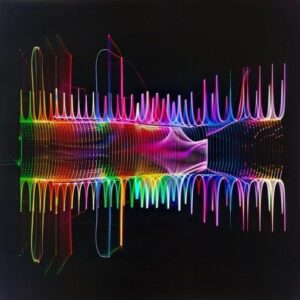 Colorful symmetrical sound-wave visualization on a black background